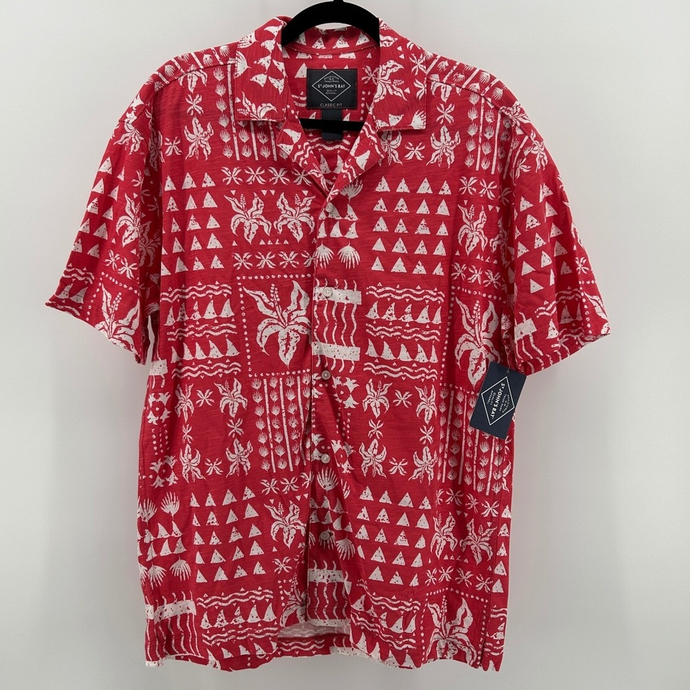 St Johns Bay Red White Tropical Tribal Button Down Shirt Men M NWT Resortwear